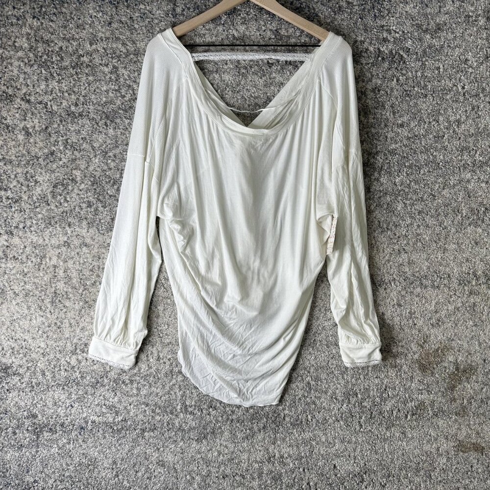 Free People Shirt Womens Medium Ivory Ribbed Long Sleeve V Neck Draped OB1005812